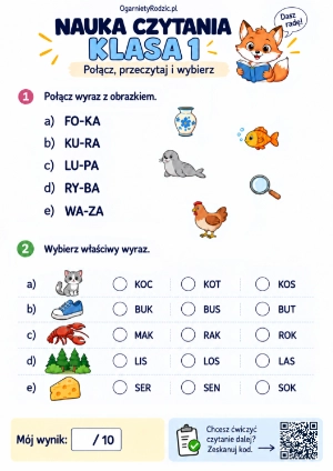 Nauka czytania dla klasy 1 - karta pracy z łączeniem sylab, wyrazów i obrazków